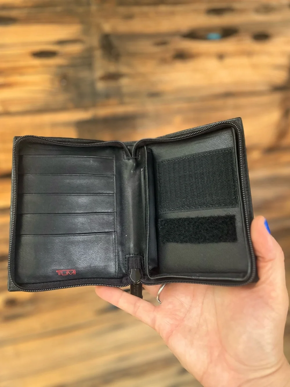 TUMI | Black Leather Zip Card Wallet